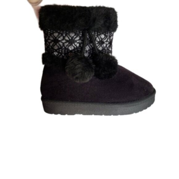 Adorable Child Girls Pom Pom Black Faux Suede Fur Fall Winter Snow Boots Size 9 - Picture 8 of 10